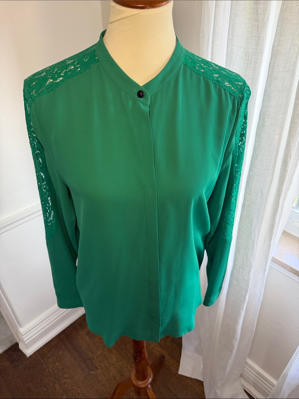 The Kooples Emerald Green Lace-Shoulder Long Sleeve Blouse